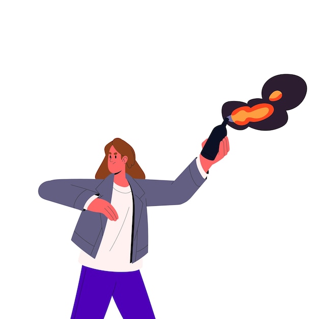 Woman protester street hooligan throwing burning flame bomb fire cocktail bottle Angry aggressive girl protesting with Molotov weapon Flat vector illustration isolated on white background