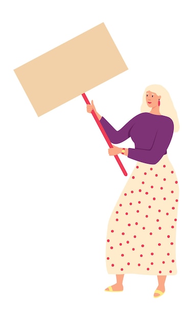 Woman protesting with empty placard. Girl holding blank banner. Vector illustration