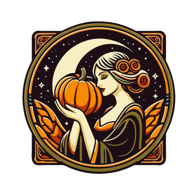 a woman and a pumpkin are in a circle with the words pumpkins on it