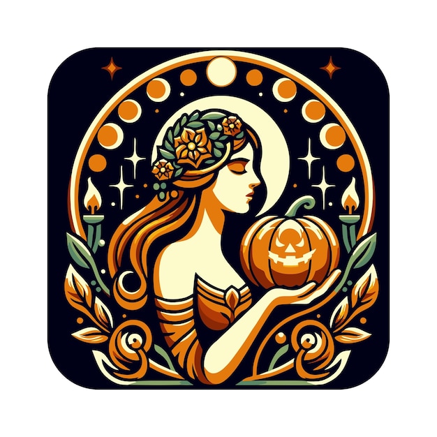 a woman in a pumpkin patch with a pumpkin on it