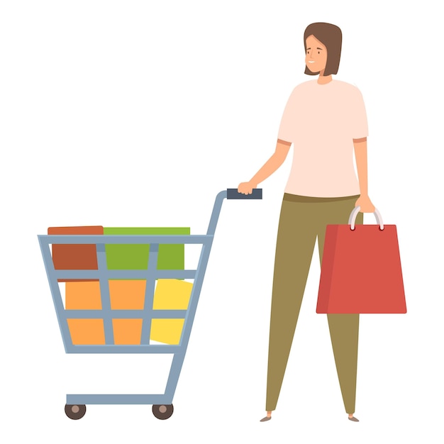 Vector woman pushing shopping cart full of groceries holding shopping bag