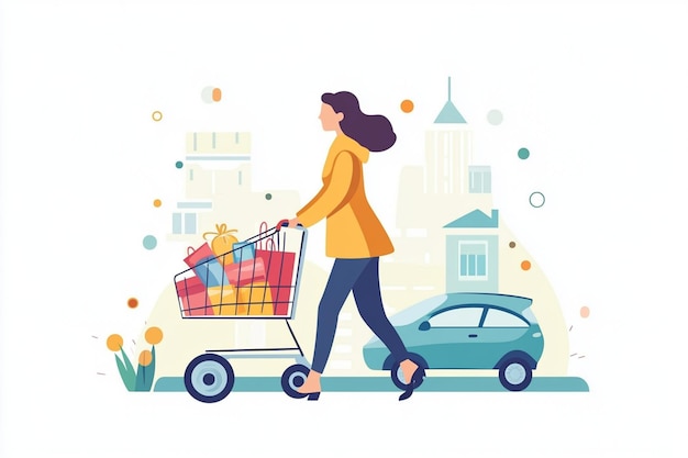 Vector woman pushing shopping cart products