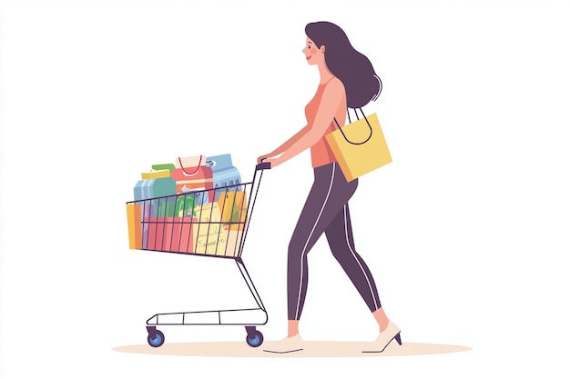 Vector woman pushing shopping cart products