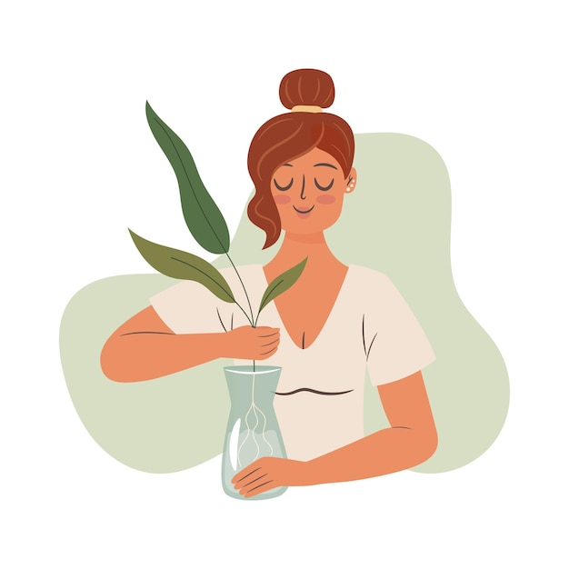 Woman puts sprouts in a vase Vector concept illustration