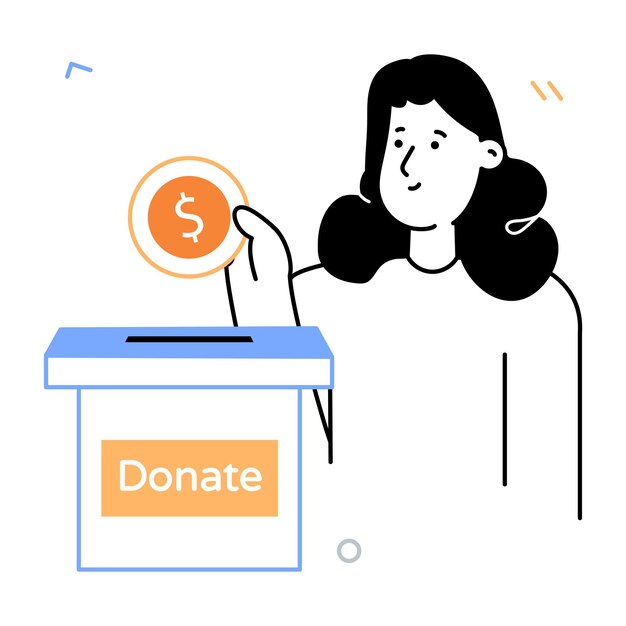 A woman putting a coin into a box that says donate.