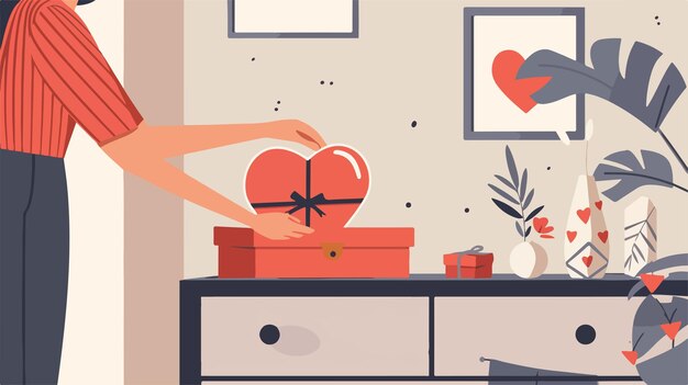 Vector woman putting heartshaped gift box on chest of drawers