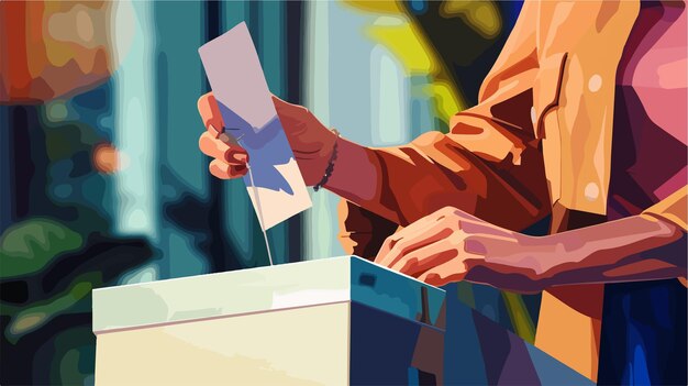 Vector woman putting her vote into ballot box on blurred background