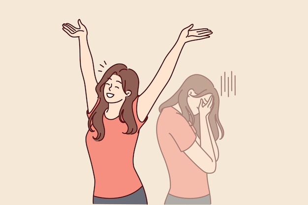 Woman raises hands up and rejoices having got rid of bad emotions and depression spoiling mood