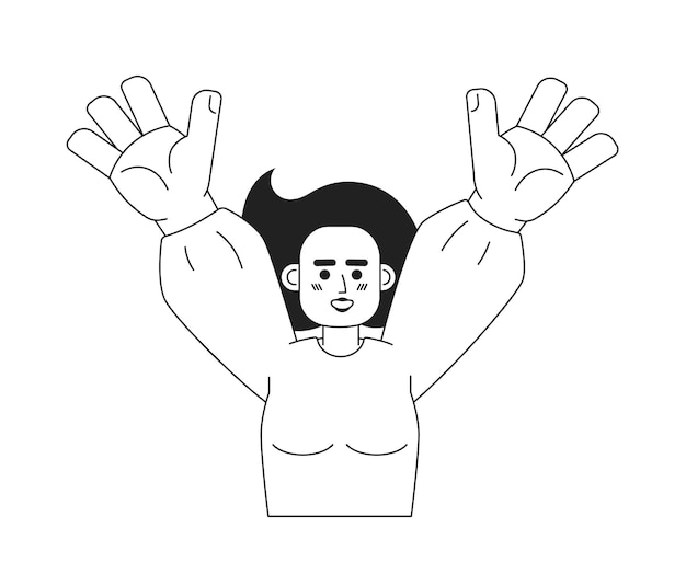 Woman raising hands monochromatic flat vector character Cheerful pretty asian girl Happy person Editable thin line half body person on white Simple bw cartoon spot image for web graphic design