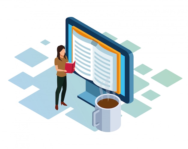 woman reading a book, big computer and coffee mug over white background, colorful isometric 