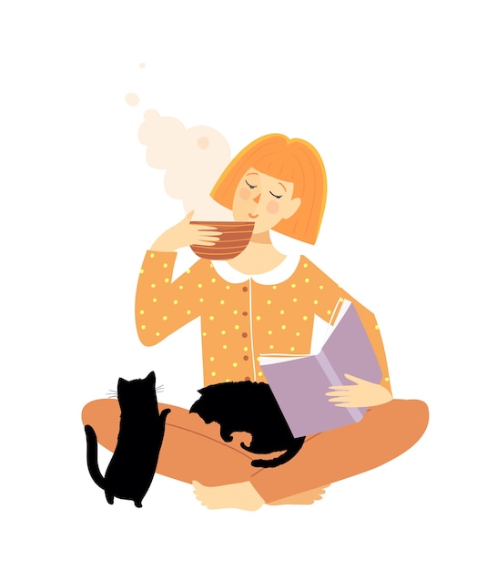 Woman reading book and drinking tea or coffee with cats.