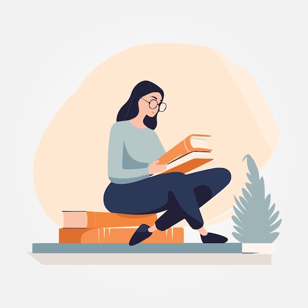 woman reading a book focused vector illustration