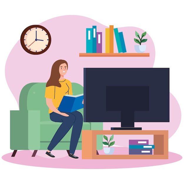 Woman reading a book and watching tv at home design of Activity and leisure theme