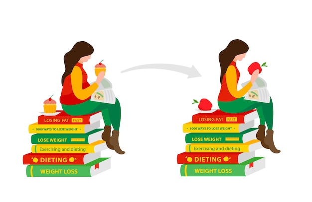 Woman reads books for weight loss Before and after diet and fitness Girl sitting on the diet