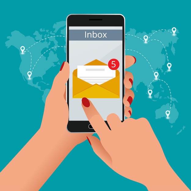 Woman received an e-mail online on a mobile phone. Message online Incoming email isometric vector concept. Receiving messages.