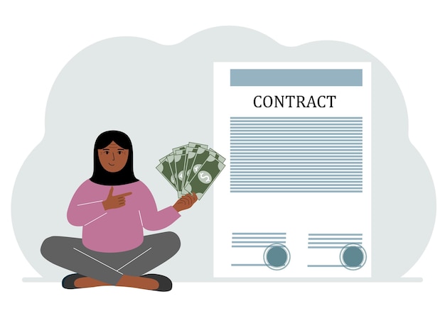 A woman receives money for a deal Next to it is a large contract with seals The concept of a financial agreement signing a contract or a deal