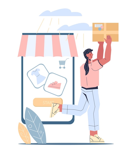 Woman receiving online store purchases internet shop order delivery concept flat vector