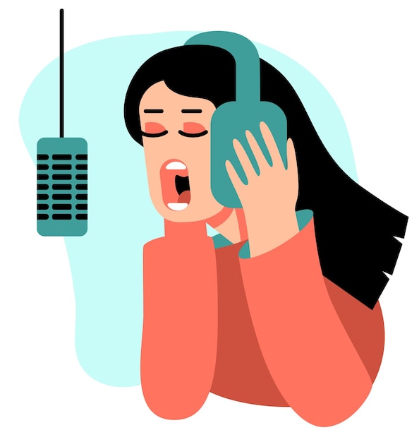 Woman in recording studio singing song in microphone with headphones Flat vector illustration