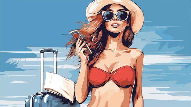 a woman in a red bikini is holding a suitcase and a hat with a white bag