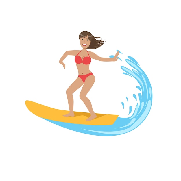 Woman In Red Bikini Riding A Wave On Surf