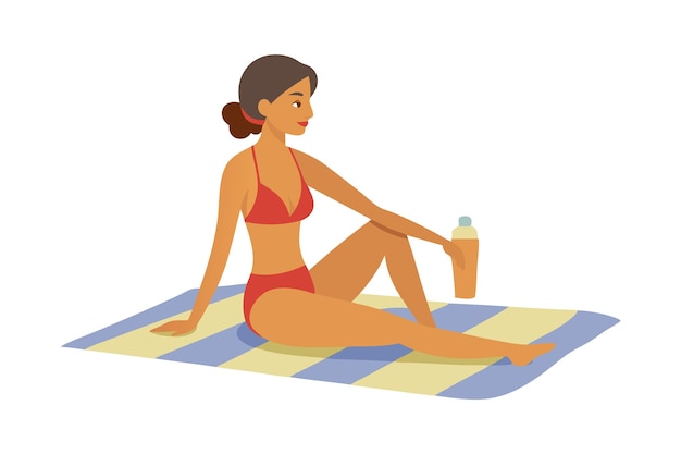 Woman in Red Bikini Sitting on Beach Towel with Drink