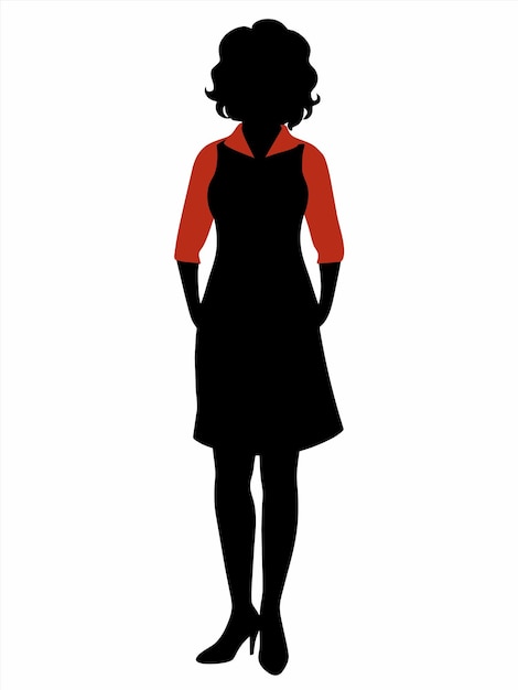 a woman in a red and black dress stands in front of a white background