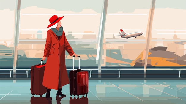 a woman in a red coat is standing in front of an airplane