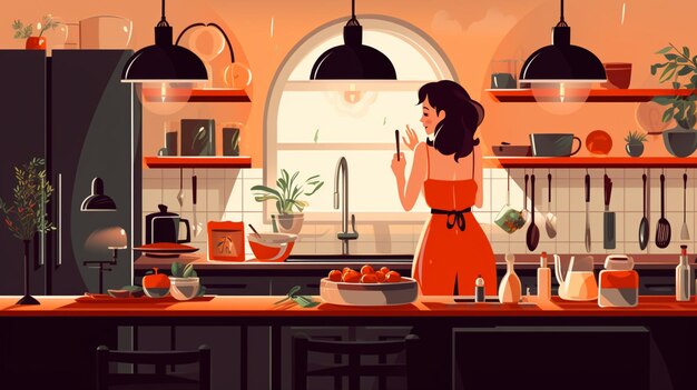 Vector a woman in a red dress is cooking in a kitchen