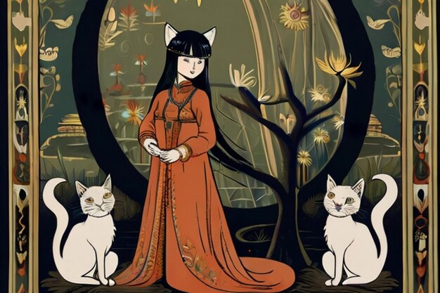 Vector a woman in a red dress is posing with two cats