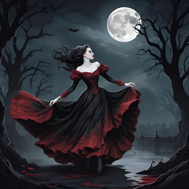 a woman in a red dress is standing in front of a full moon