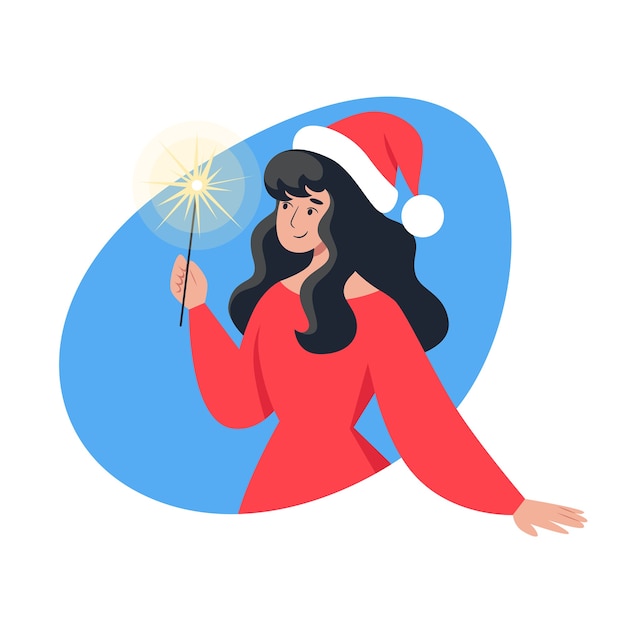 Woman in red dress and Santa hat holding sparkler