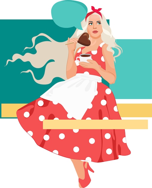 A woman in a red polka dot dress eating ice cream.