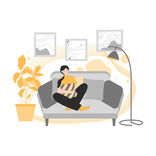 Woman relaxing flat illustration template design on sofa