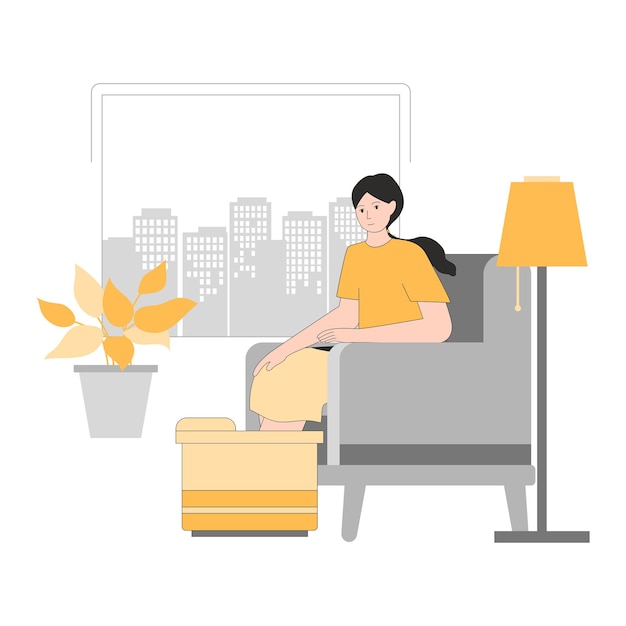 Woman relaxing flat illustration template design on sofa