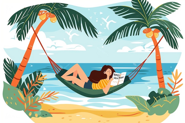 Vector woman relaxing in hammock reading book