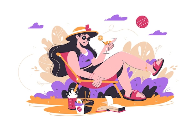 woman relaxing in park with drink vector illustration female on chair sunbath on nature flat style