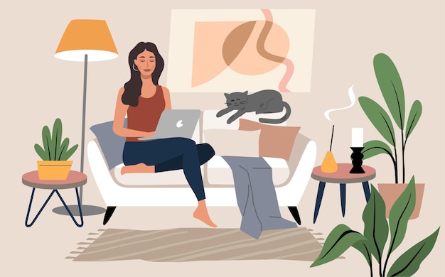 Woman relaxing at sofa with laptop computer vector. Entertainment spending time home.