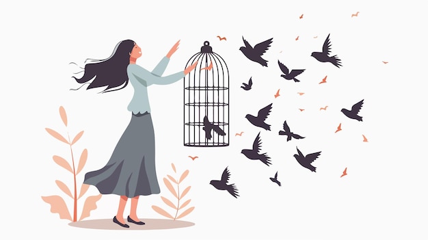 Vector woman releasing birds from cage cartoon vector illustration