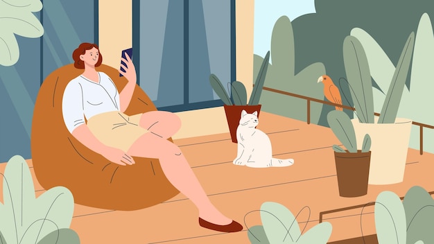 Woman rest in terrace or green balcony with cat and parrot Home garden interior remote work or video call Girl with smartphone on vacation vector scene woman in garden leisure