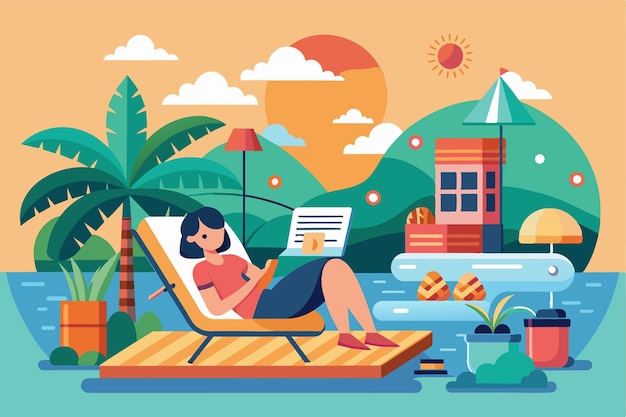 Vector a woman rests on a lounger at the beach with palm trees water and a warm sunset in the background a day off customizable semi flat illustration