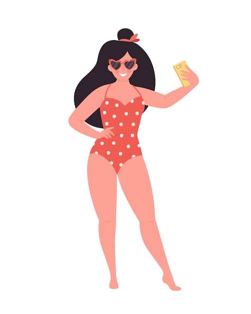 Woman in retro glasses and swimsuit making selfie or resording video. Hello summer,