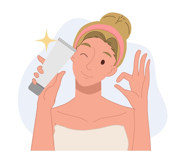 Woman review skincare productflat vector cartoon character illustration