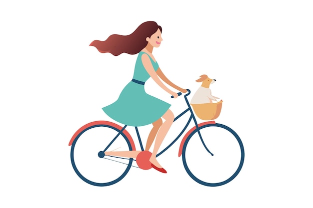 Woman riding bicycle with dog in basket enjoying outdoor leisure activity