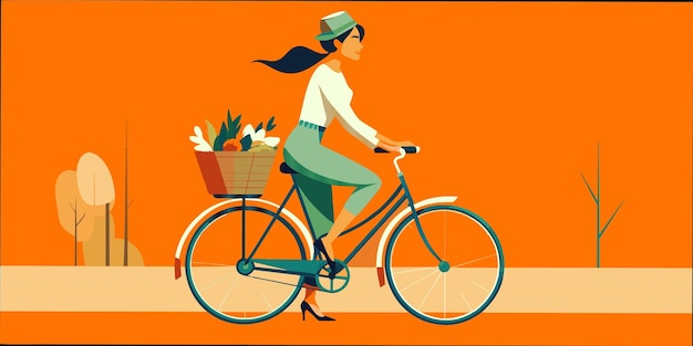 a woman riding a bike with a basket of flowers on her bike