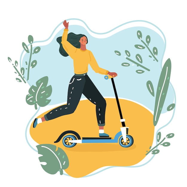 Vector woman riding a kick scooter.