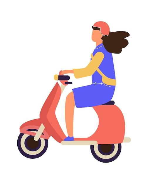 Woman riding on motorbike. Cute female drive motorcycle. City electric transport. Scooter advertising, delivery service. New green eco-friendly technologies. Vector urban vehicle illustration