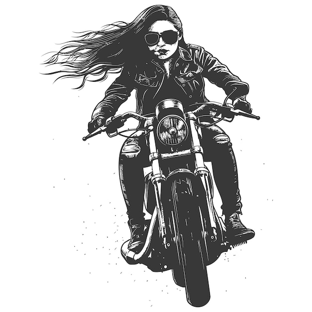 Vector woman riding motorcycle with engraving style black color only