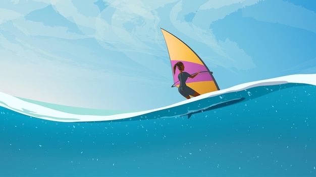 Woman riding on windsurf view on waterline