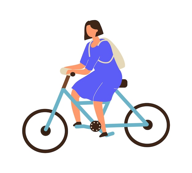 Woman riding Young female on bicycle teen girl in blue dress driving bike Eco friendly transport way of moving around city recreation in park Vector cyclist flat illustration