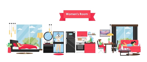 Woman room interior set vector flat illustration